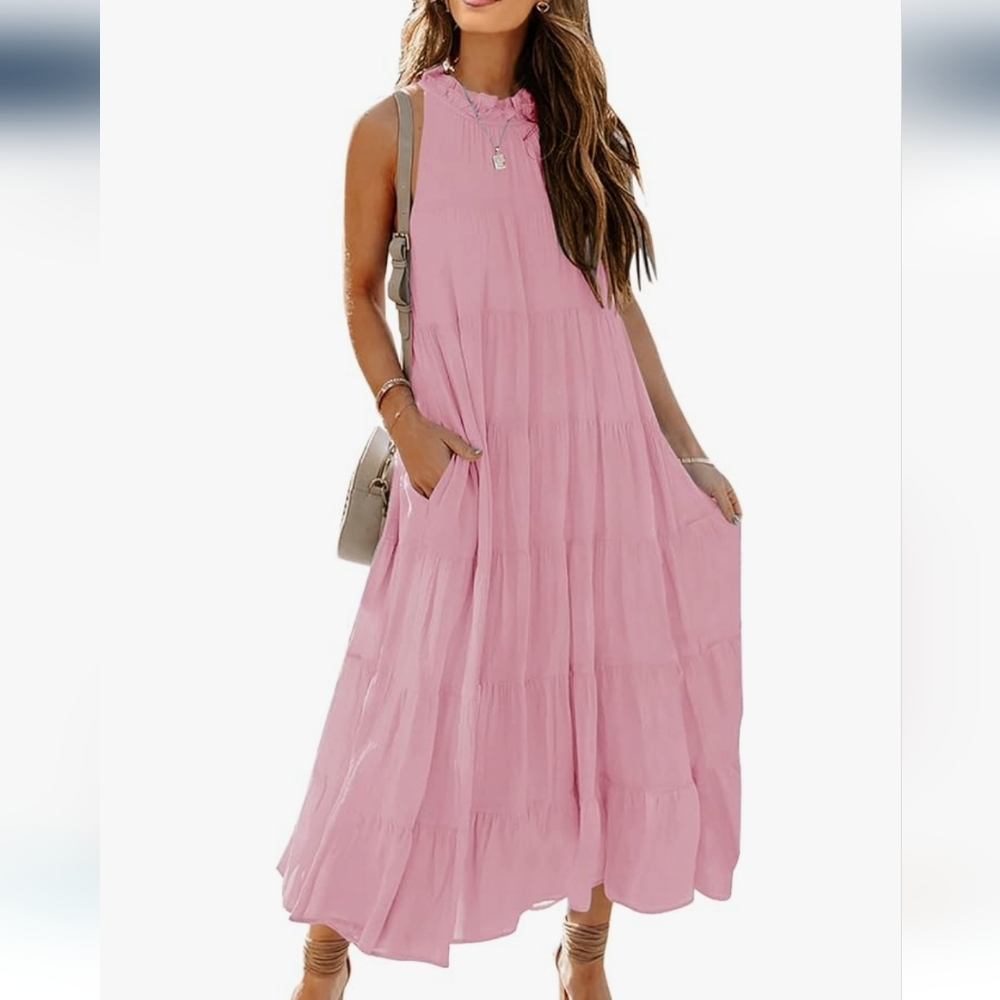 Entro, Pink Tiered Halter Maxi Dress, Large - Picture 3 of 16